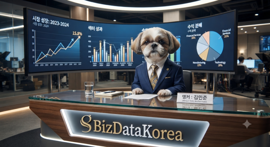뉴스룸 스튜디오 데스크에서 정장을 입은 BizDataKorea 시츄 강아지 앵커가 뷰티샵 창업 성공 데이터 리포트를 분석하며 브리핑하는 모습.