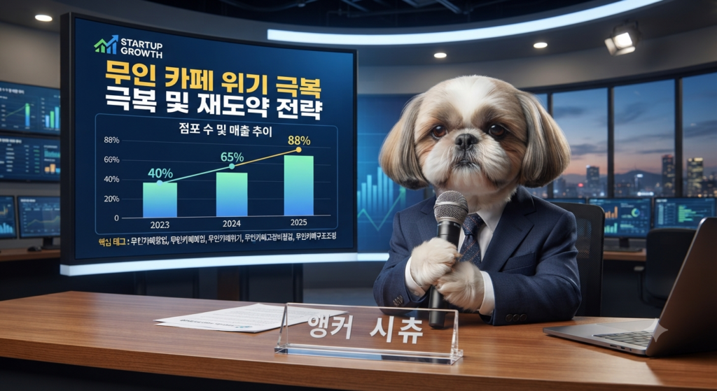 깔끔한 정장 차림의 시츄 경제 분석가 앵커가 뉴스 데스크에서 대형 그래프 화면을 배경으로 창업 수익 분석 리포트를 브리핑하는 모습