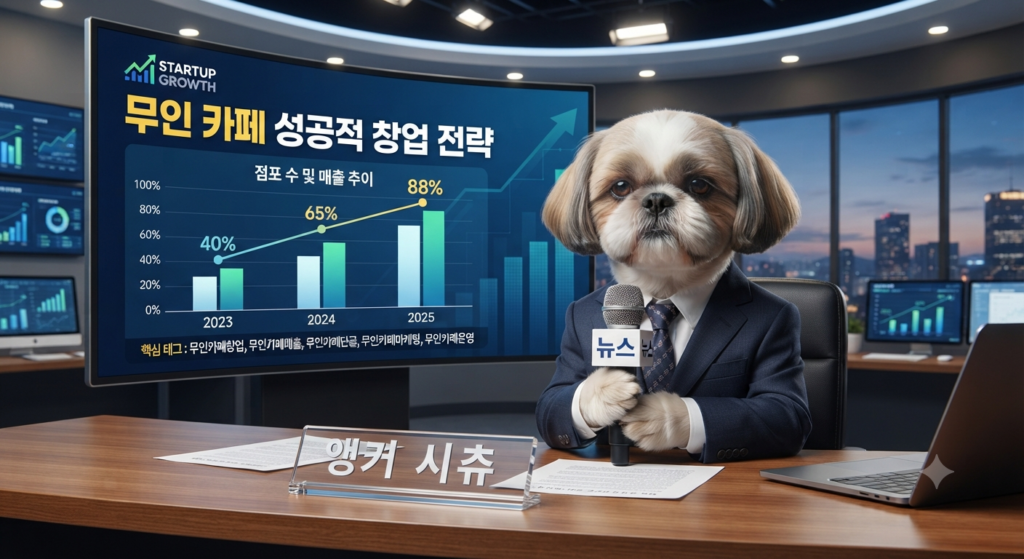 깔끔한 정장 차림의 시츄 경제 분석가 앵커가 뉴스 데스크에서 대형 그래프 화면을 배경으로 창업 수익 분석 리포트를 브리핑하는 모습