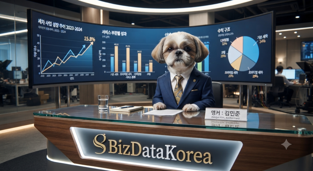 뉴스룸 스튜디오 데스크에서 정장을 입은 BizDataKorea 시츄 강아지 앵커가 해당 업종의 성공 데이터 리포트를 분석하며 브리핑하는 모습.