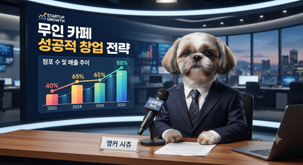 깔끔한 정장 차림의 시츄 경제 분석가 앵커가 뉴스 데스크에서 대형 그래프 화면을 배경으로 창업 수익 분석 리포트를 브리핑하는 모습