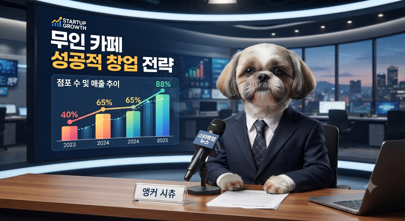 깔끔한 정장 차림의 시츄 경제 분석가 앵커가 뉴스 데스크에서 대형 그래프 화면을 배경으로 창업 수익 분석 리포트를 브리핑하는 모습