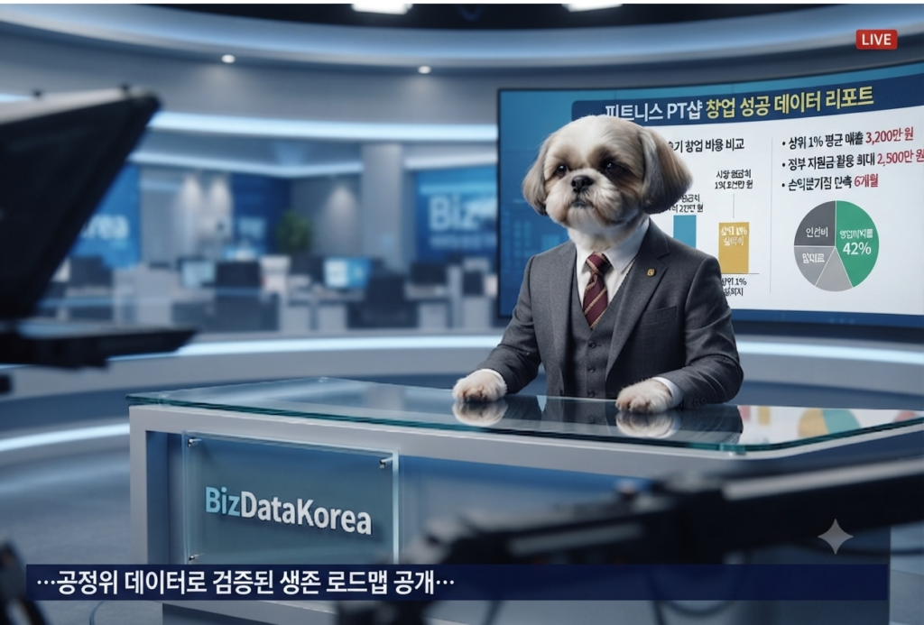 BizDataKorea 강아지 앵커가 뉴스룸에서 피트니스 피티샵 창업 성공 데이터를 분석하고 있는 모습