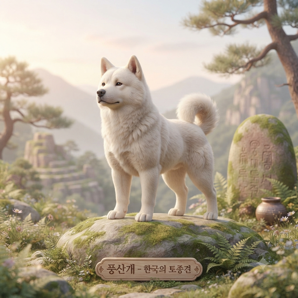 산악지대에 서 있는 풍산개의 외형과 특징을 보여주는 이미지